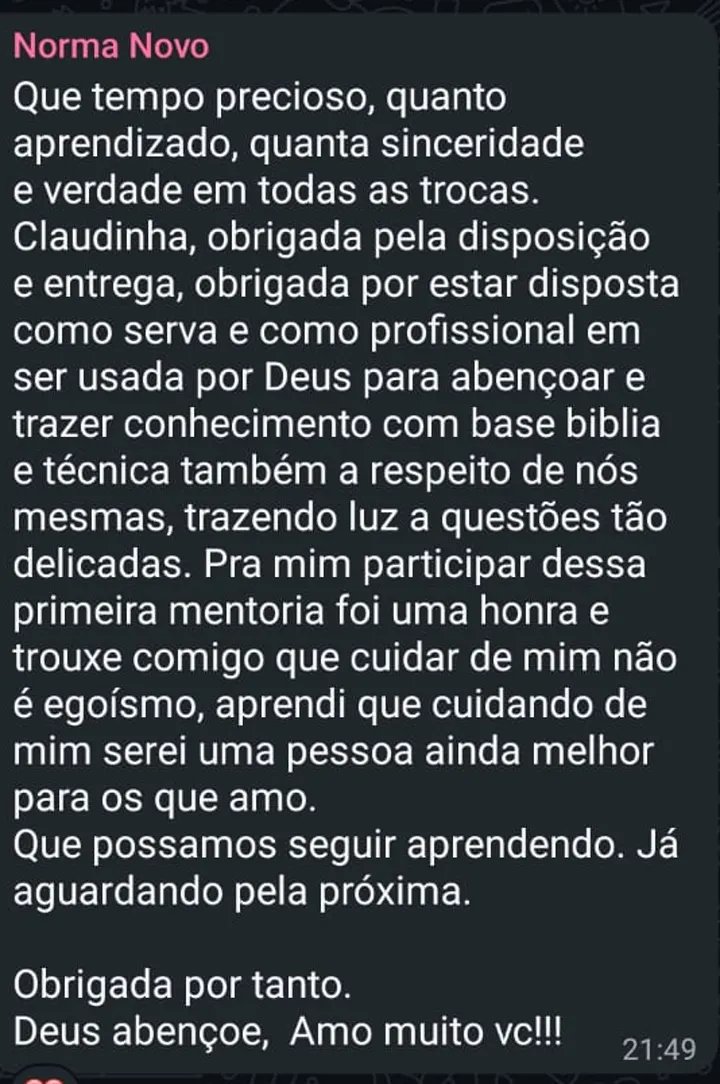 Depoimento de participante sobre a jornada com a Claudia Marques